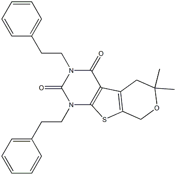 6,6-DIMETHYL-1,3-DIPHENETHYL-1,5,6,8-TETRAHYDRO-2H-PYRANO[4',3':4,5]THIENO[2,3-D]PYRIMIDINE-2,4(3H)-DIONE Struktur