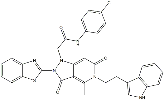 2-(5-(2-(1H-INDOL-3-YL)ETHYL)-2-(BENZO[D]THIAZOL-2-YL)-4-METHYL-3,6-DIOXO-2,3,5,6-TETRAHYDROPYRAZOLO[4,3-C]PYRIDIN-1-YL)-N-(4-CHLOROPHENYL)ACETAMIDE Struktur