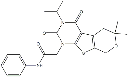 2-[3-ISOPROPYL-6,6-DIMETHYL-2,4-DIOXO-3,4,5,8-TETRAHYDRO-2H-PYRANO[4',3':4,5]THIENO[2,3-D]PYRIMIDIN-1(6H)-YL]-N-PHENYLACETAMIDE Struktur