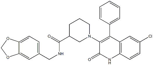 N-(BENZO[D][1,3]DIOXOL-5-YLMETHYL)-1-(6-CHLORO-2-OXO-4-PHENYL-1,2-DIHYDROQUINOLIN-3-YL)PIPERIDINE-3-CARBOXAMIDE Struktur