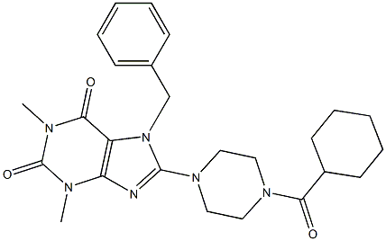 7-BENZYL-1,3-DIMETHYL-8-[4-(CYCLOHEXYLCARBONYL)PIPERAZIN-1-YL]-3,7-DIHYDRO-1H-PURINE-2,6-DIONE Struktur