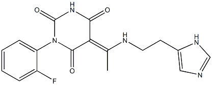 (5E)-1-(2-FLUOROPHENYL)-5-(1-{[2-(1H-IMIDAZOL-5-YL)ETHYL]AMINO}ETHYLIDENE)PYRIMIDINE-2,4,6(1H,3H,5H)-TRIONE Struktur