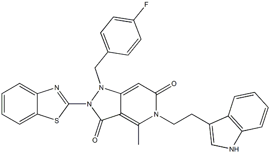 5-(2-(1H-INDOL-3-YL)ETHYL)-2-(BENZO[D]THIAZOL-2-YL)-1-(4-FLUOROBENZYL)-4-METHYL-1,2-DIHYDRO-5H-PYRAZOLO[4,3-C]PYRIDINE-3,6-DIONE Struktur