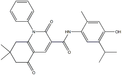 N-(4-HYDROXY-5-ISOPROPYL-2-METHYLPHENYL)-7,7-DIMETHYL-2,5-DIOXO-1-PHENYL-1,2,5,6,7,8-HEXAHYDRO-3-QUINOLINECARBOXAMIDE Struktur