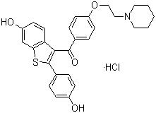 CAS 登錄號：82640-04-8, 鹽酸雷洛昔芬, [6-羥基-2-(4-羥苯基)苯并[b]噻酚-3-基]-[4-[2-(1-哌啶基)乙氧基]-苯基]-甲酮鹽酸鹽