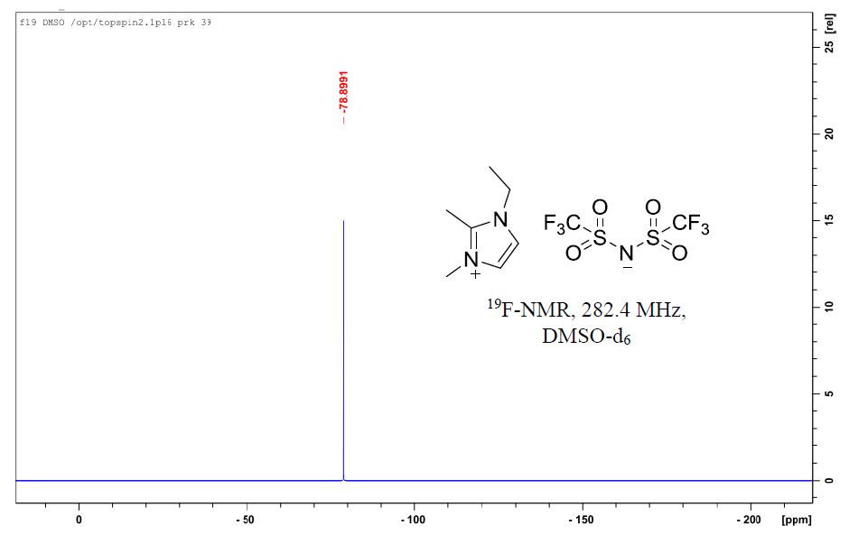 1-乙基-2,3-二甲基咪唑雙（三氟甲烷磺酰）亞胺鹽,EMMImNTf2,174899-90-2,1-ethyl-2,3-dimethylimidazolium bis((trifluoromethyl)sulfonyl)imide,核磁 NMR, F譜, 氘代DMSO