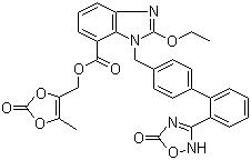 CAS 登錄號：863031-21-4, 阿齊沙坦奧美沙坦酯, 1-[[2'-(2,5-二氫-5-氧代-1,2,4-惡二唑-3-基)[1,1'-聯(lián)苯]-4-基]甲基]-2-乙氧基-1H-苯并咪唑-7-羧酸 (5-甲基-2-氧代-1,3-二惡茂-4-基)甲酯